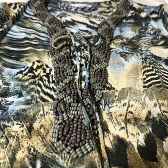 ALBERTO MAKALI Blue Green Floral Print Beaded Lace Up V-Neck Size L Sheer Sleeve - Picture 7 of 11